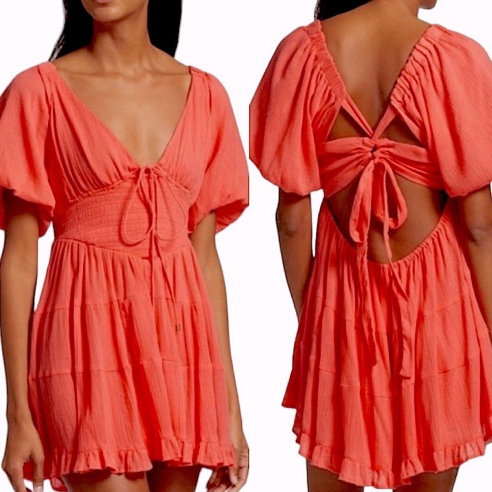 Free People Perfect Day Mini Dress Small Coral Open Back Boho Ruffle